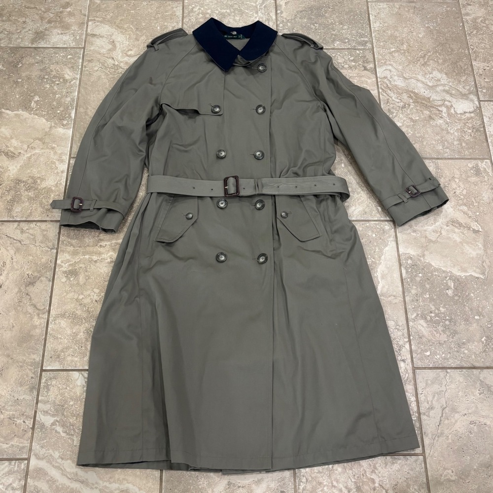 Lauren Ralph Lauren Olive Green Trench Coat with Navy Collar